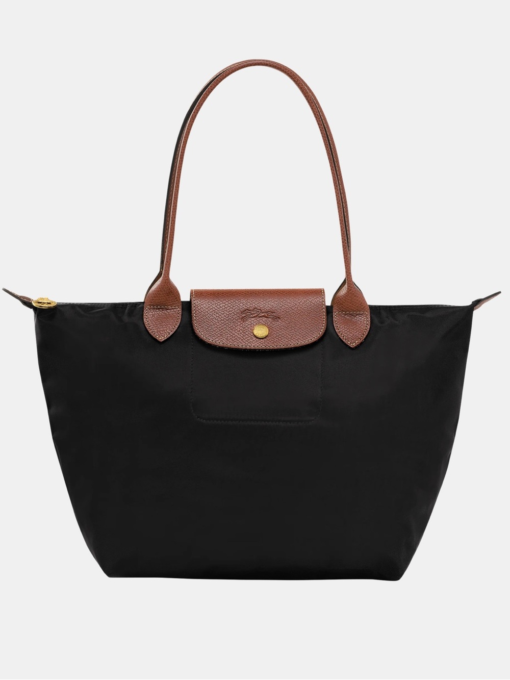 Longchamp Le Pliage Black Tote with Brown Leather Handles